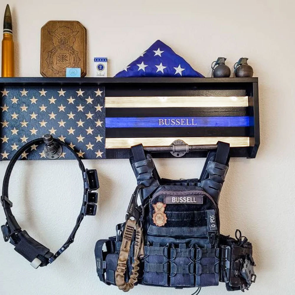 Personalized 3D Name Police Gear Rack Duty Vest Holder, Thin Blue Line Hanger