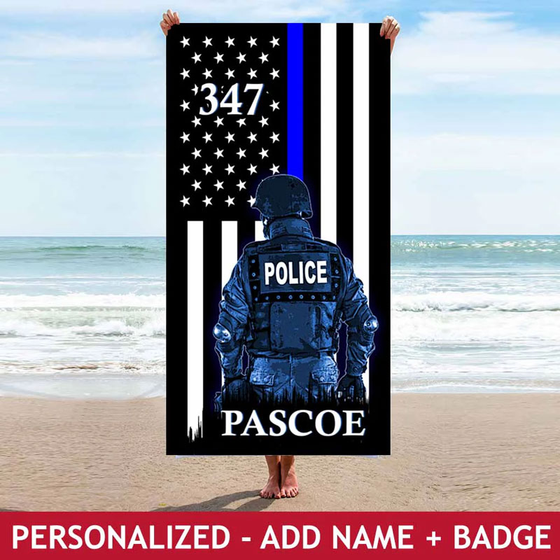 Personalized Police Hero Beach Towel with Name and Badge Number