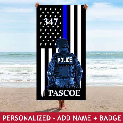 Personalized Police Hero Beach Towel with Name and Badge Number
