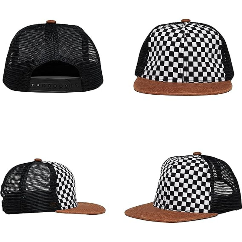 Youth BlackWhite Checkered Hat with Faux Leather Brim