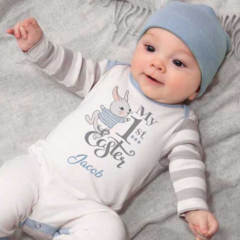 Personalized My 1st Easter Bunny Baby Romper in Blue or Pink & Grey