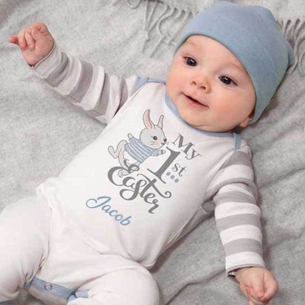 Personalized My 1st Easter Bunny Baby Romper in Blue or Pink & Grey