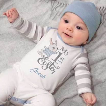 Personalized My 1st Easter Bunny Baby Romper in Blue or Pink & Grey