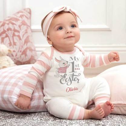 Personalized My 1st Easter Bunny Baby Romper in Blue or Pink & Grey