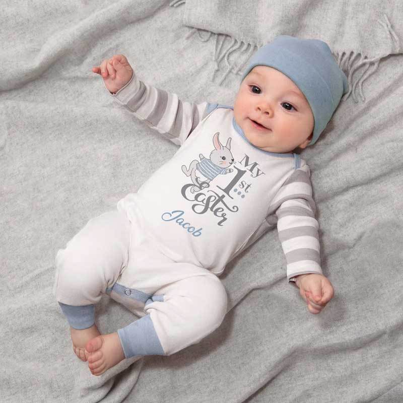 Personalized My 1st Easter Bunny Baby Romper in Blue or Pink & Grey