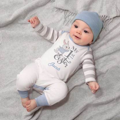 Personalized My 1st Easter Bunny Baby Romper in Blue or Pink & Grey