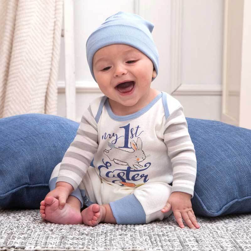 Personalized My 1st Easter Bunny Baby Romper in Blue or Pink & Grey