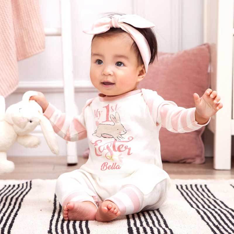 Personalized My 1st Easter Bunny Baby Romper in Blue or Pink & Grey