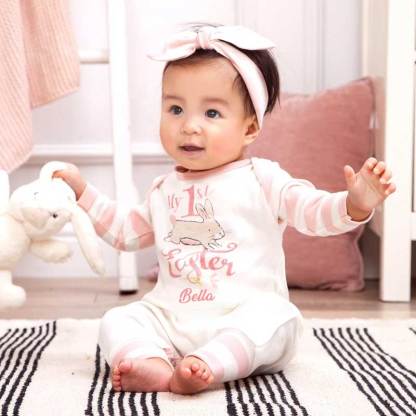 Personalized My 1st Easter Bunny Baby Romper in Blue or Pink & Grey