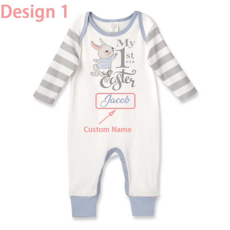 Personalized My 1st Easter Bunny Baby Romper in Blue or Pink & Grey