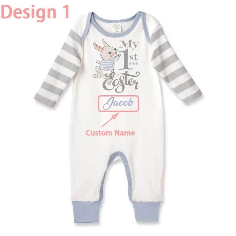 Personalized My 1st Easter Bunny Baby Romper in Blue or Pink & Grey