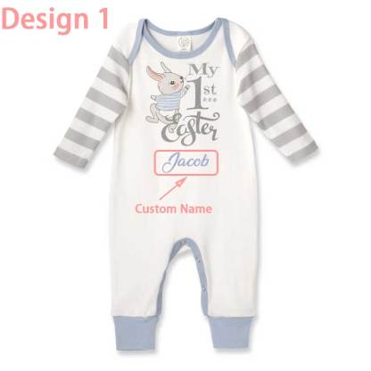 Personalized My 1st Easter Bunny Baby Romper in Blue or Pink & Grey