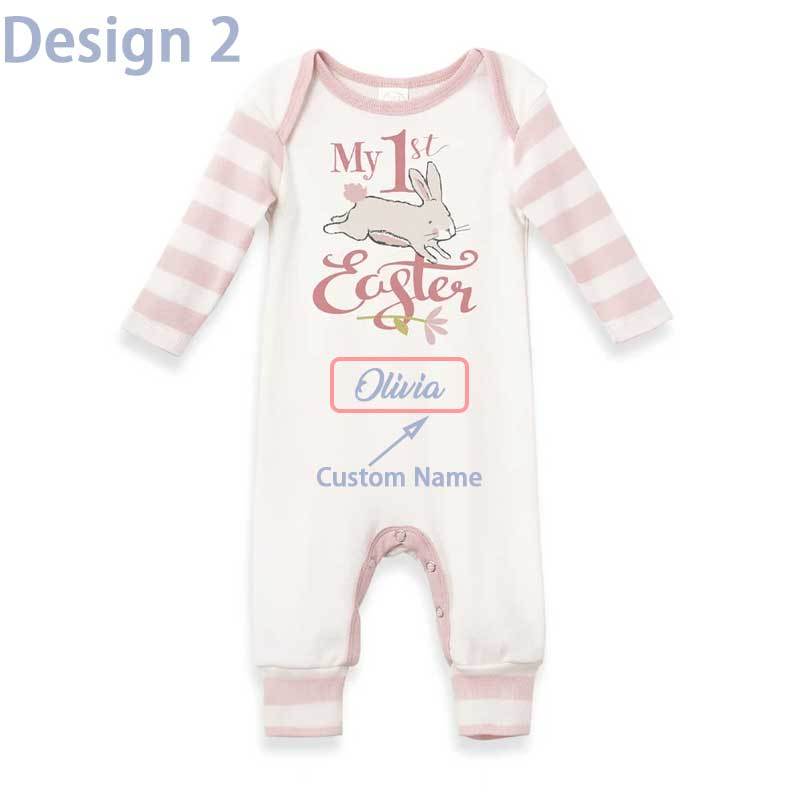 Personalized My 1st Easter Bunny Baby Romper in Blue or Pink & Grey