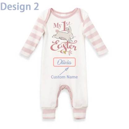Personalized My 1st Easter Bunny Baby Romper in Blue or Pink & Grey