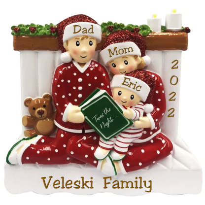 Family of 3 4 5 Ornament with Pet Dog Personalized People Pajama Family, 2023 PJ Family Reading Story Kid Child
