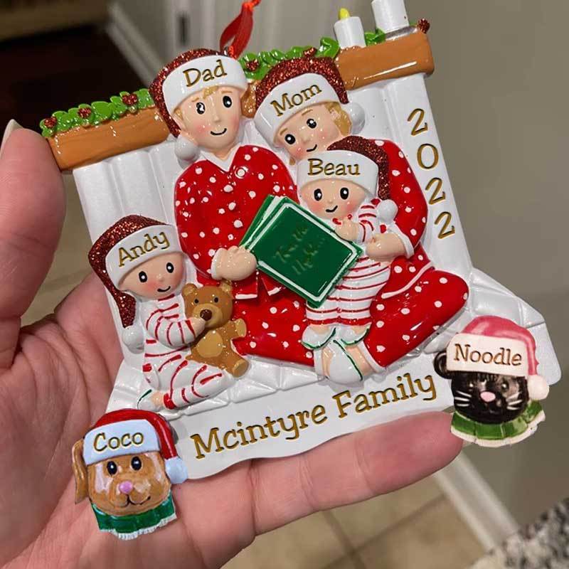 Family of 3 4 5 Ornament with Pet Dog Personalized People Pajama Family, 2023 PJ Family Reading Story Kid Child