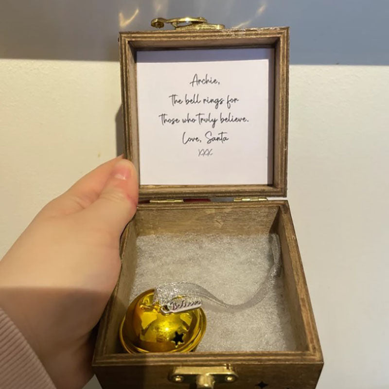 A Beautiful Magical Believe Bell in a Rustic Christmas Eve Box