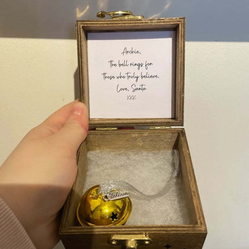 A Beautiful Magical Believe Bell in a Rustic Christmas Eve Box