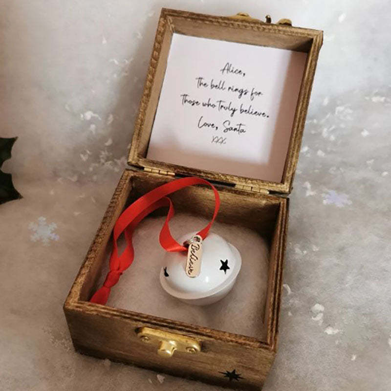 A Beautiful Magical Believe Bell in a Rustic Christmas Eve Box
