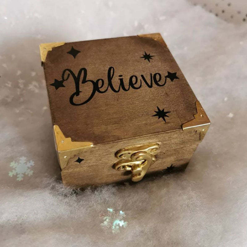 A Beautiful Magical Believe Bell in a Rustic Christmas Eve Box