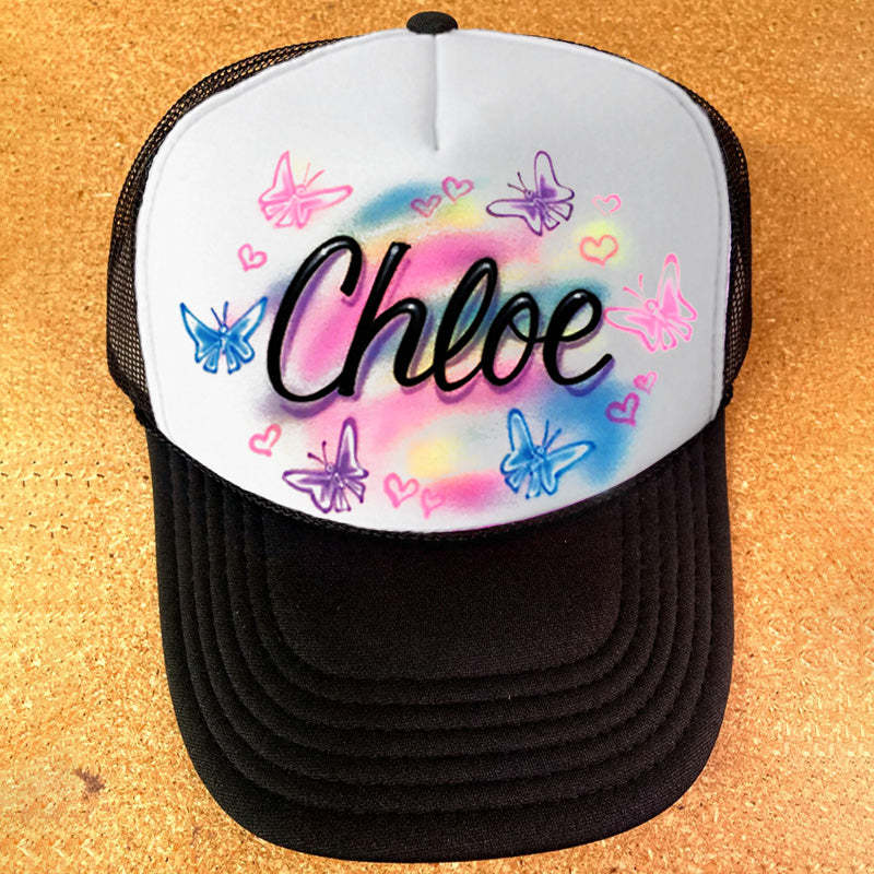 Airbrush Butterfly And Hearts Name Design Women Trucker Hat