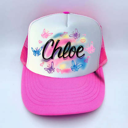 Airbrush Butterfly And Hearts Name Design Women Trucker Hat