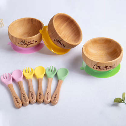 Personalized Bamboo Bowl with Spoon Fork Weaning Baby Set Baby Gift