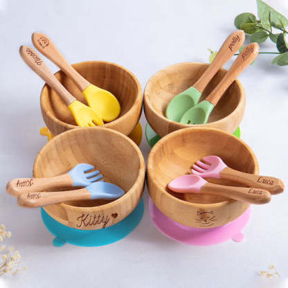 Personalized Bamboo Bowl with Spoon Fork Weaning Baby Set Baby Gift