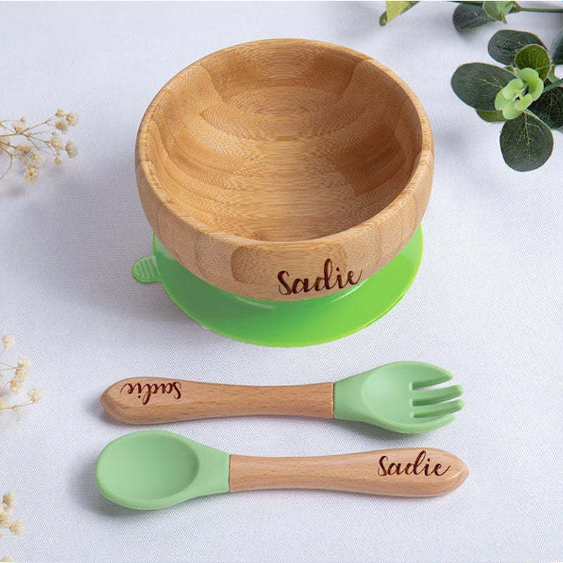 Personalized Bamboo Bowl with Spoon Fork Weaning Baby Set Baby Gift