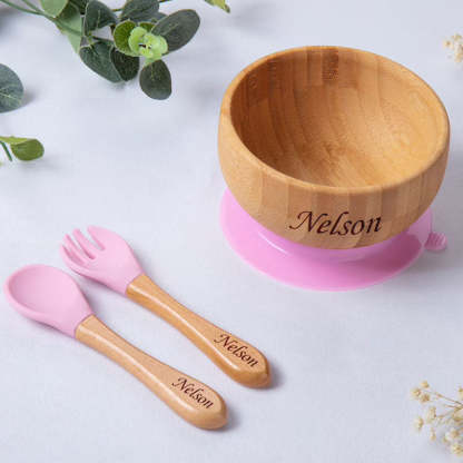 Personalized Bamboo Bowl with Spoon Fork Weaning Baby Set Baby Gift