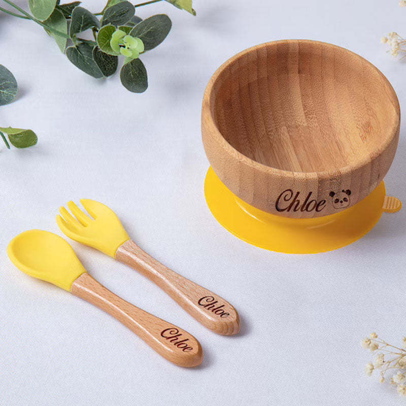 Personalized Bamboo Bowl with Spoon Fork Weaning Baby Set Baby Gift