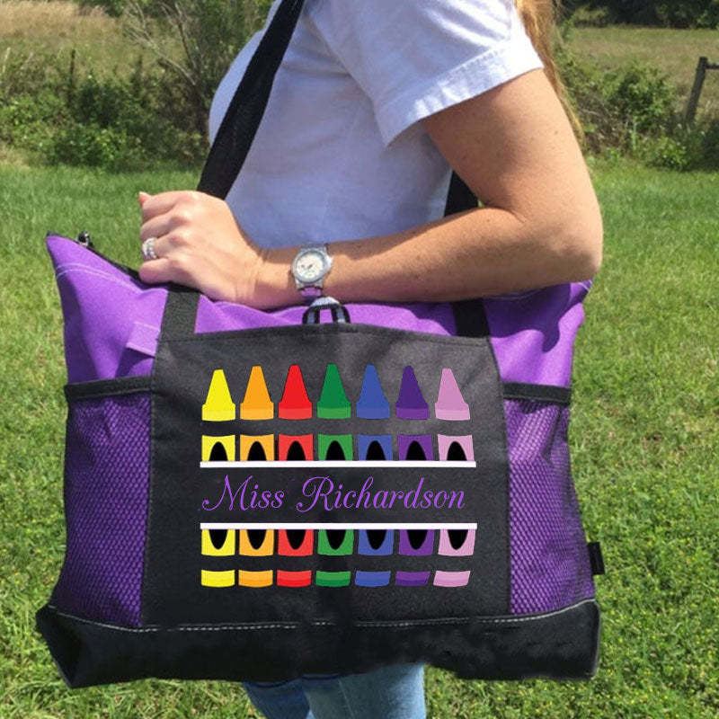 Personalized Teacher Crayons Tote Bag with Mesh Pockets Gift