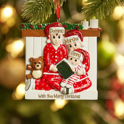 Family of 3 4 5 Ornament with Pet Dog Personalized People Pajama Family, 2023 PJ Family Reading Story Kid Child