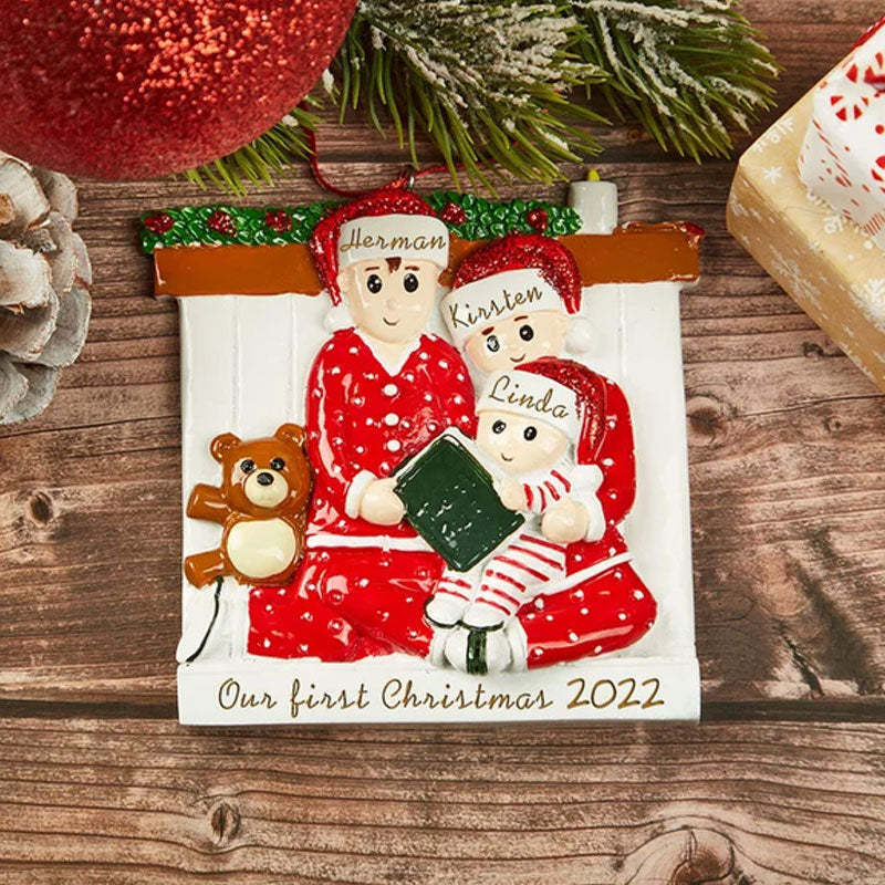Family of 3 4 5 Ornament with Pet Dog Personalized People Pajama Family, 2023 PJ Family Reading Story Kid Child