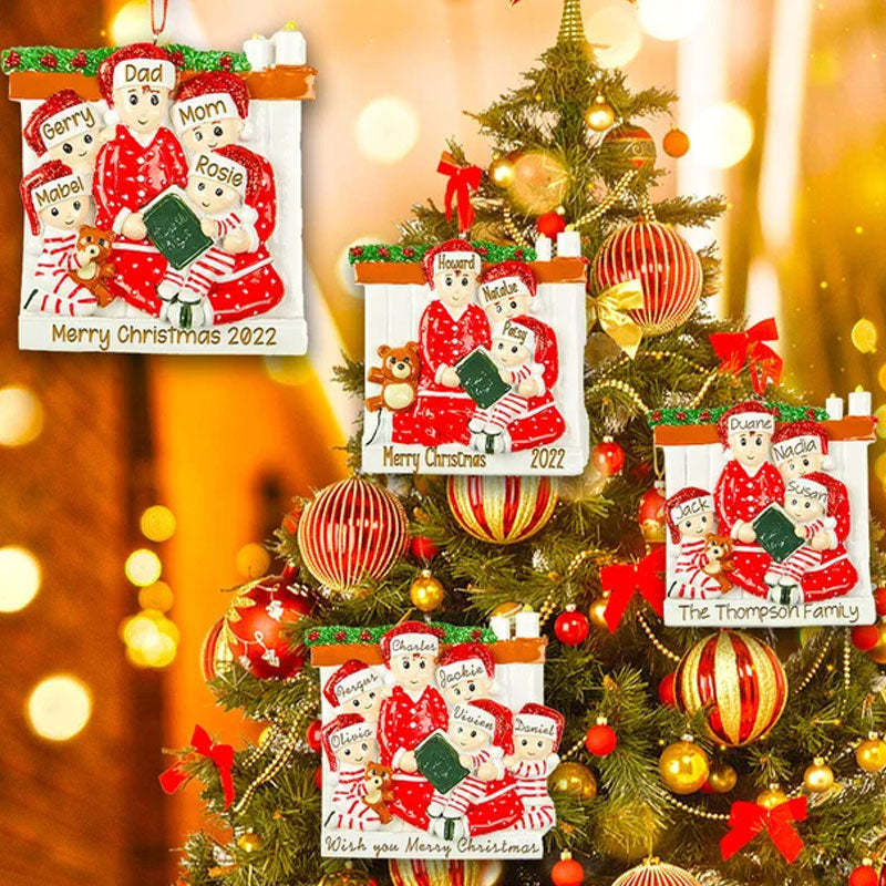 Family of 3 4 5 Ornament with Pet Dog Personalized People Pajama Family, 2023 PJ Family Reading Story Kid Child
