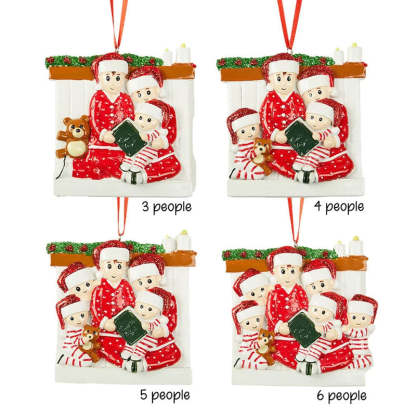 Family of 3 4 5 Ornament with Pet Dog Personalized People Pajama Family, 2023 PJ Family Reading Story Kid Child