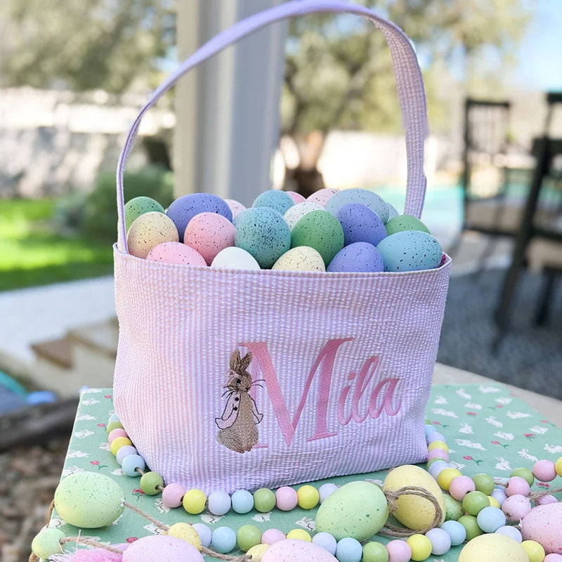 Seersucker Easter Basket Personalized Embroidered Monogrammed with Peter Rabbit