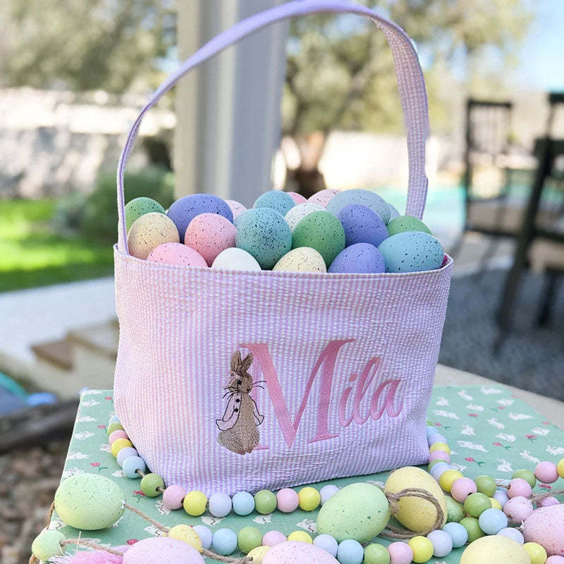 Seersucker Easter Basket Personalized Embroidered Monogrammed with Peter Rabbit