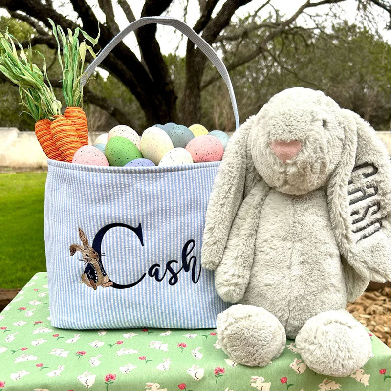 Seersucker Easter Basket Personalized Embroidered Monogrammed with Peter Rabbit