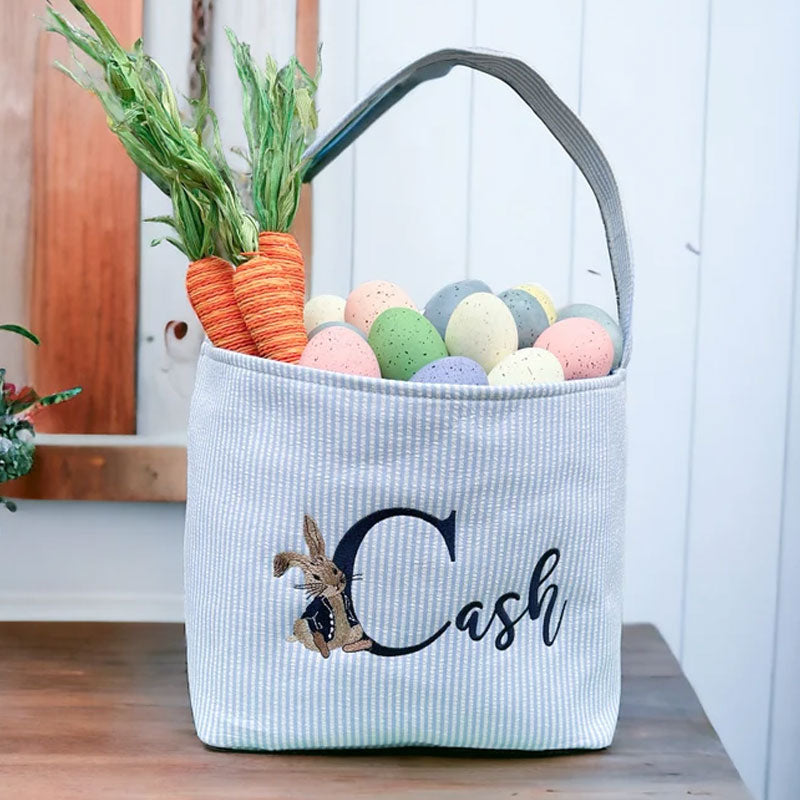 Seersucker Easter Basket Personalized Embroidered Monogrammed with Peter Rabbit