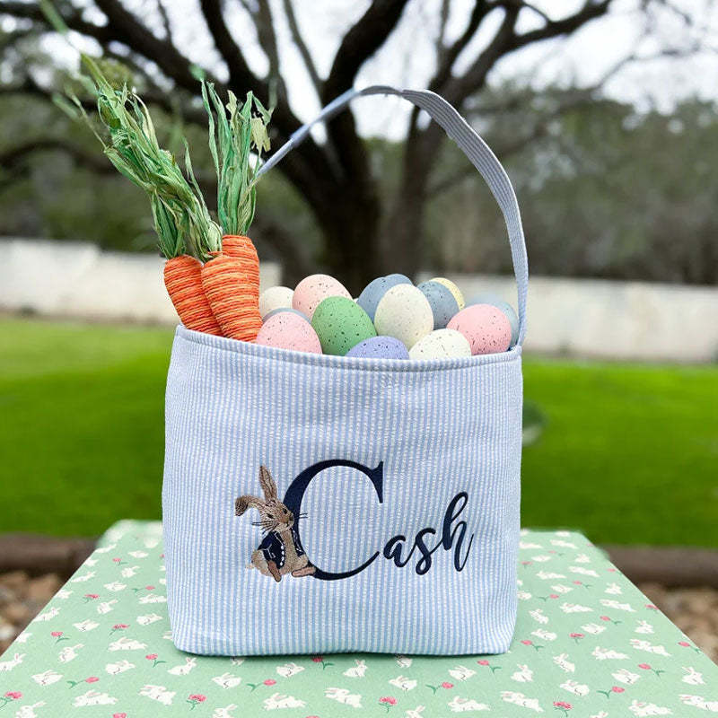 Seersucker Easter Basket Personalized Embroidered Monogrammed with Peter Rabbit