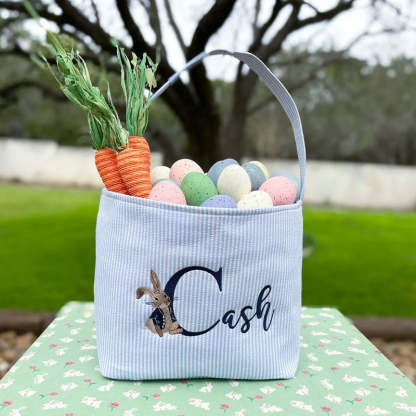 Seersucker Easter Basket Personalized Embroidered Monogrammed with Peter Rabbit