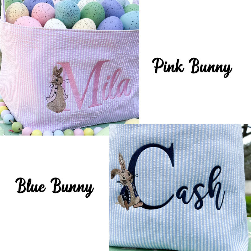 Seersucker Easter Basket Personalized Embroidered Monogrammed with Peter Rabbit