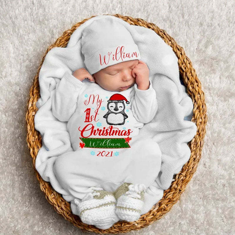Personalized My 1st Christmas Penguin Baby Grow and Hat Set Outfit