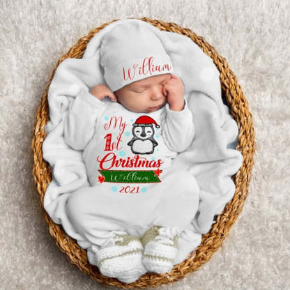 Personalized My 1st Christmas Penguin Baby Grow and Hat Set Outfit