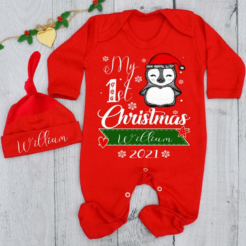 Personalized My 1st Christmas Penguin Baby Grow and Hat Set Outfit