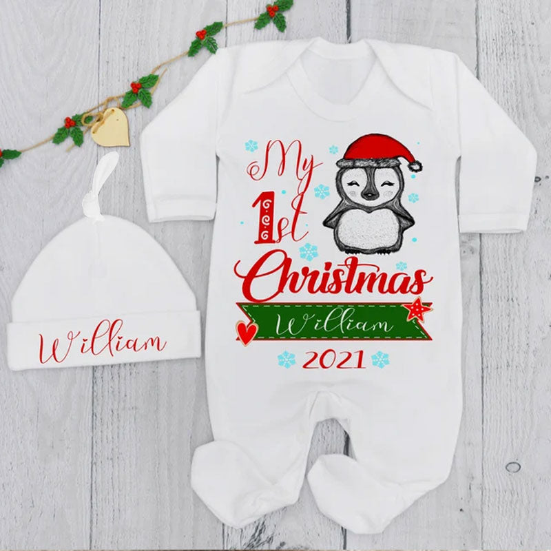 Personalized My 1st Christmas Penguin Baby Grow and Hat Set Outfit