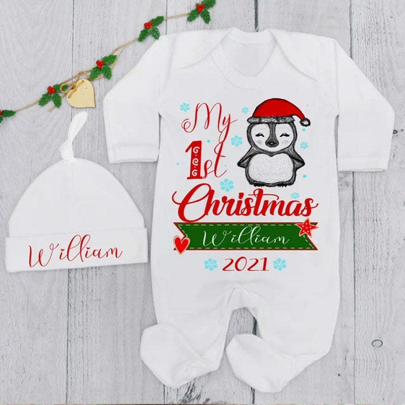 Personalized My 1st Christmas Penguin Baby Grow and Hat Set Outfit