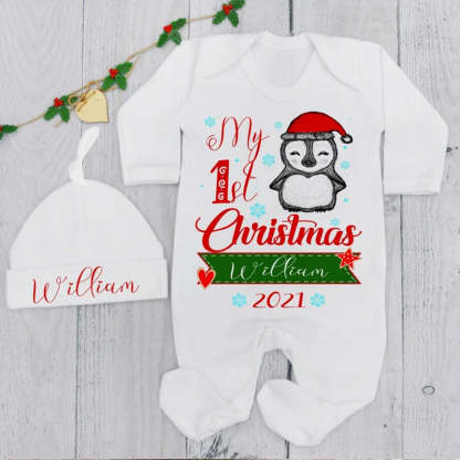 Personalized My 1st Christmas Penguin Baby Grow and Hat Set Outfit