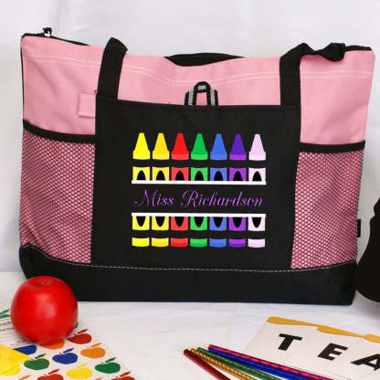 Personalized Teacher Crayons Tote Bag with Mesh Pockets Gift